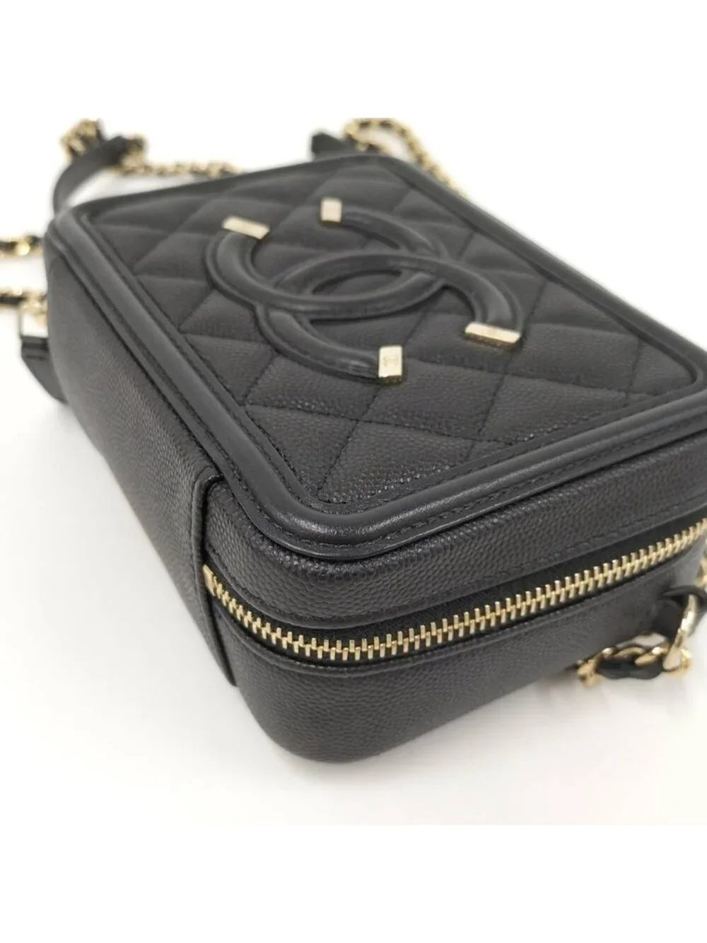 Chanel Shoulder Bag Quilted CC Filigree Leather Black